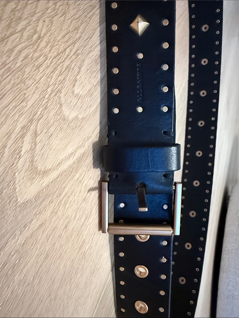All Saints Black Leather Studded Belt with Gold Hardware